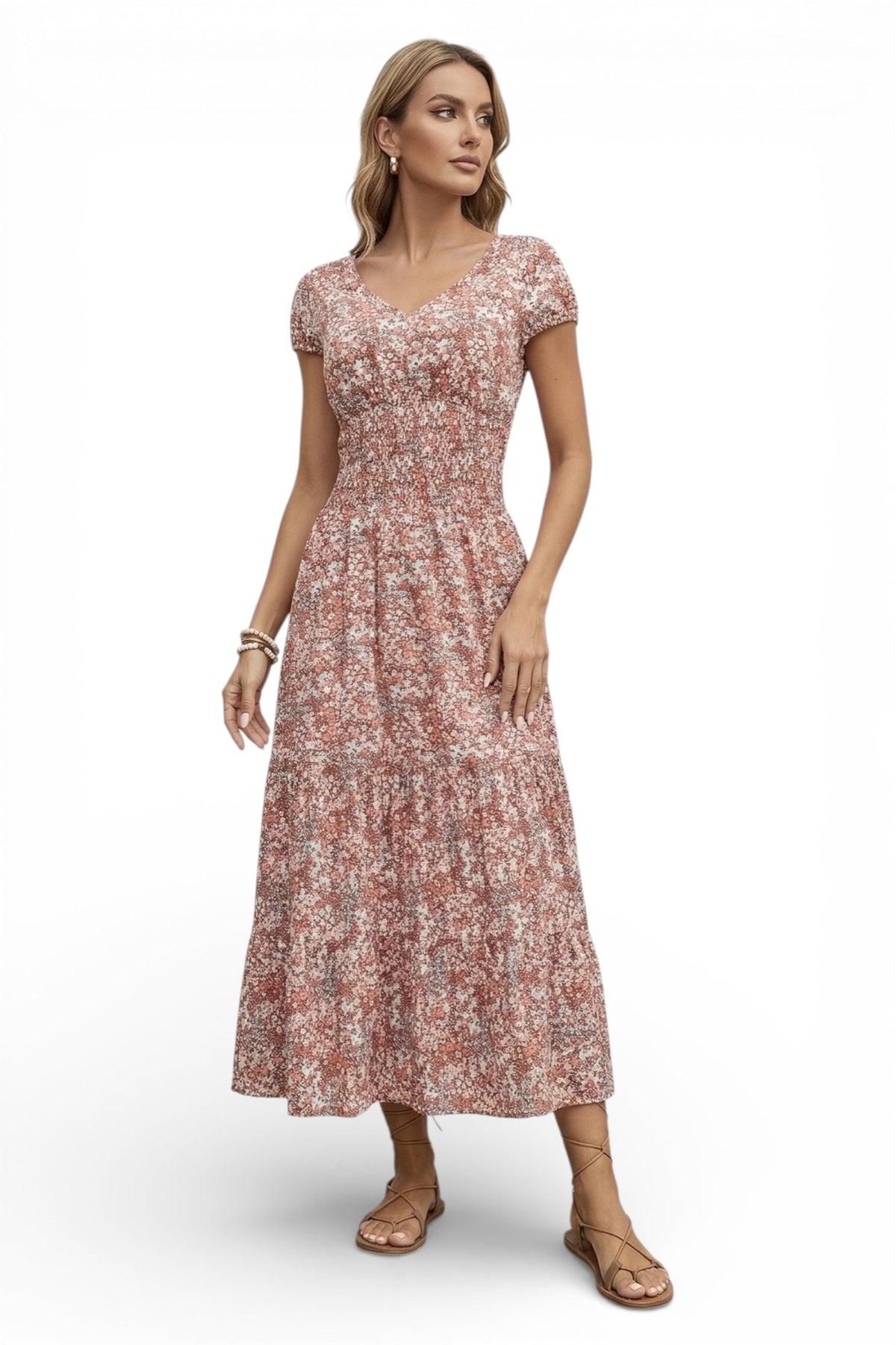 Woman wearing a floral dress on a white background