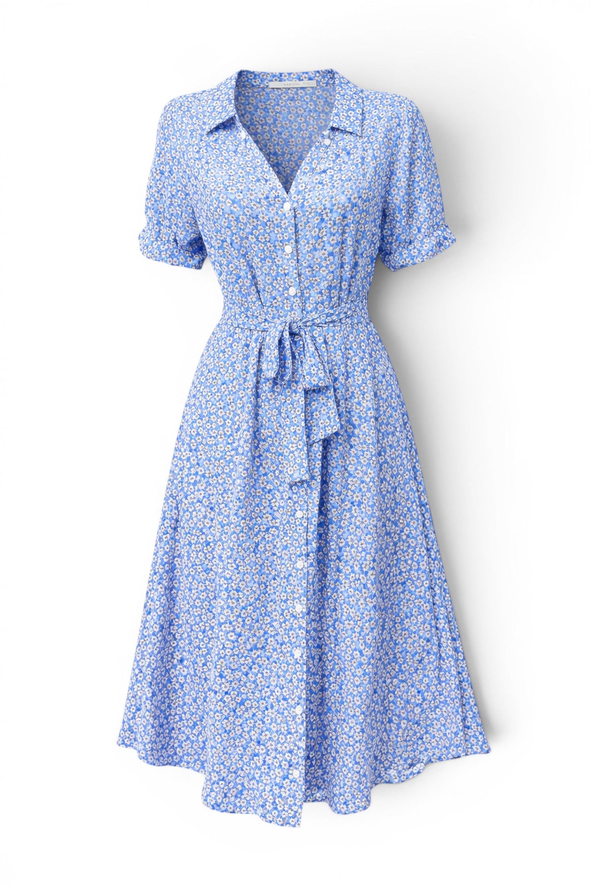 Blue floral dress with a belt on a white background