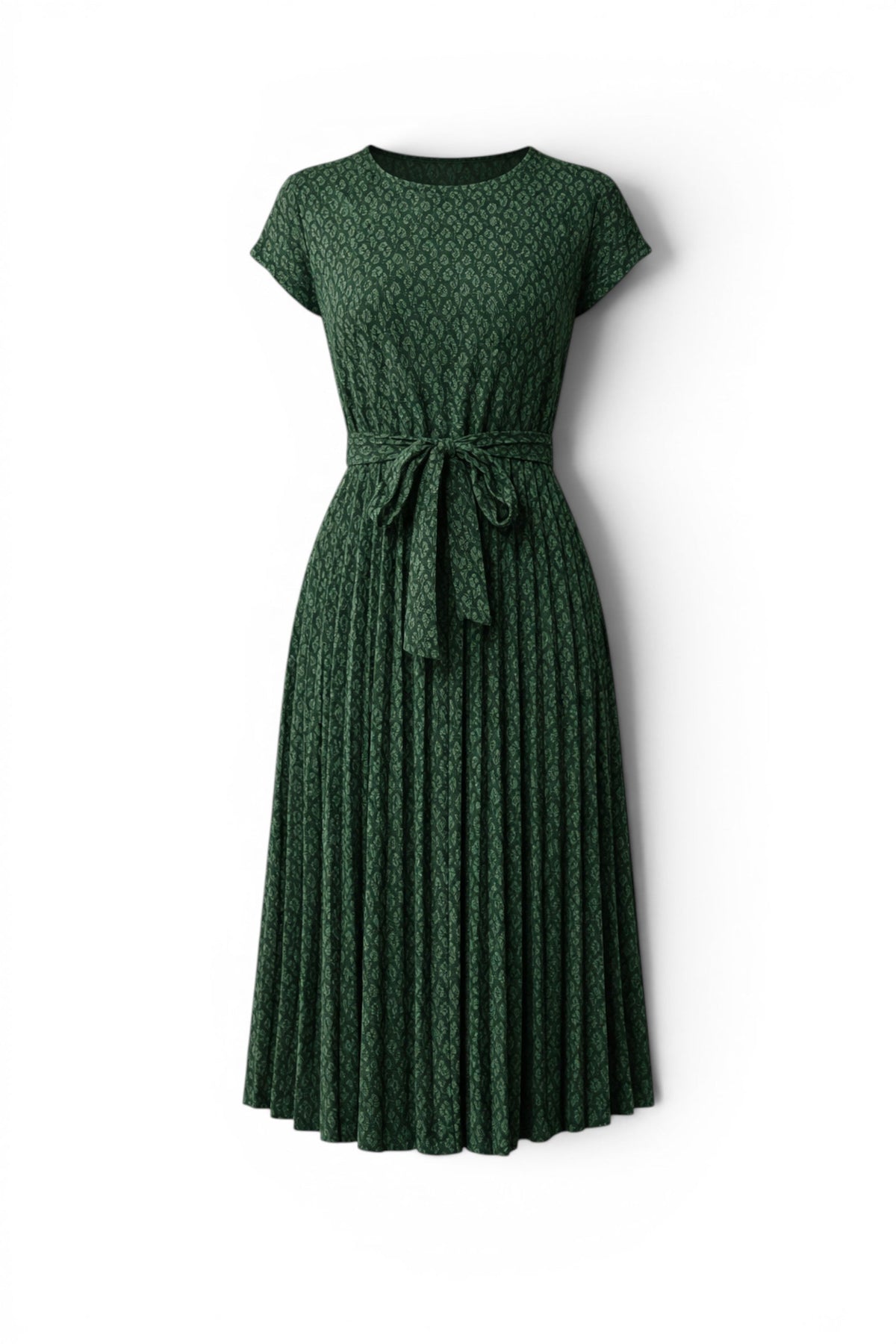 Green dress with a pattern on a white background