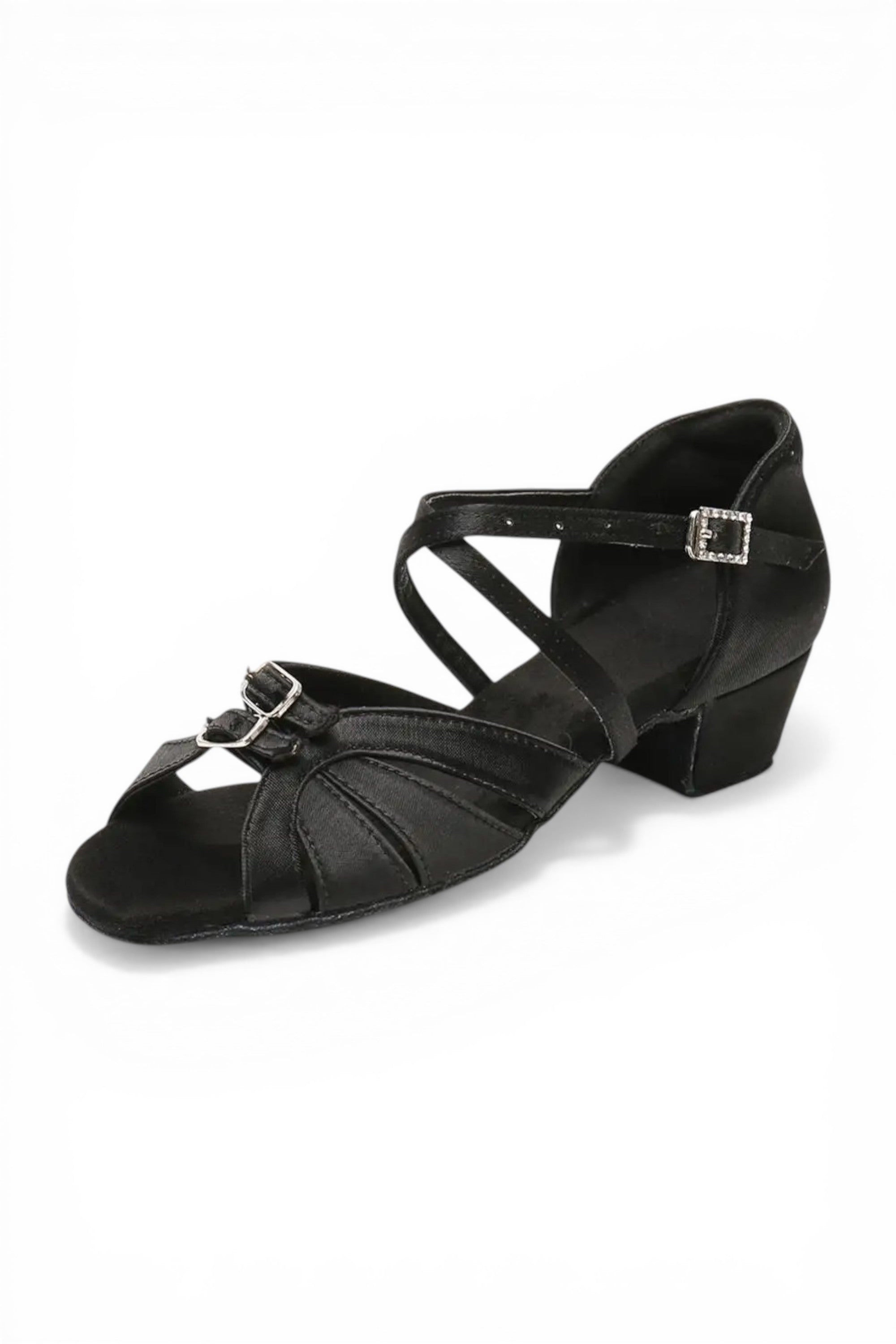 Brown leather shoe with a strap and buckle on a white background